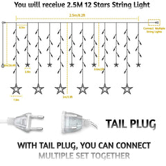 12 STARS CURTAIN LIGHT-Curtain String Lights, 2.5m 12 Stars 138 LED Window Curtain Lights Star Lights with 8 Flashing Modes Diwali Decoration String Lights for Christmas Wedding Party Home Garden, Warm White askddeal.com
